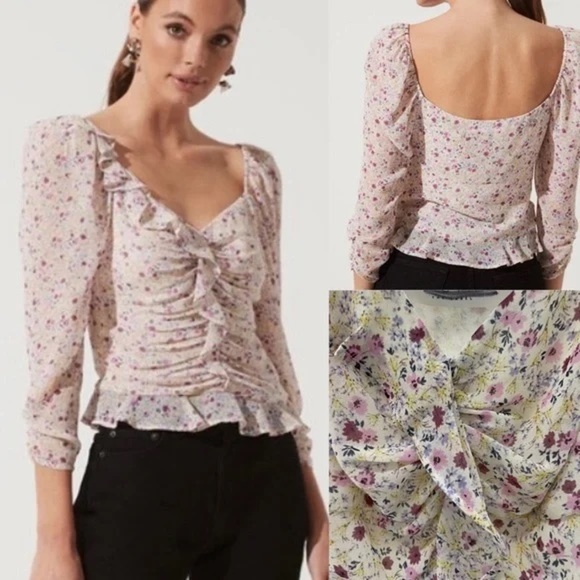 Astr Tops - Astr Revolve floral touches sweetheart top small 3/4 sleeve cropped ruffle pink